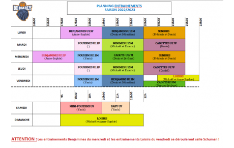 Planning Entraînements 2022/2023